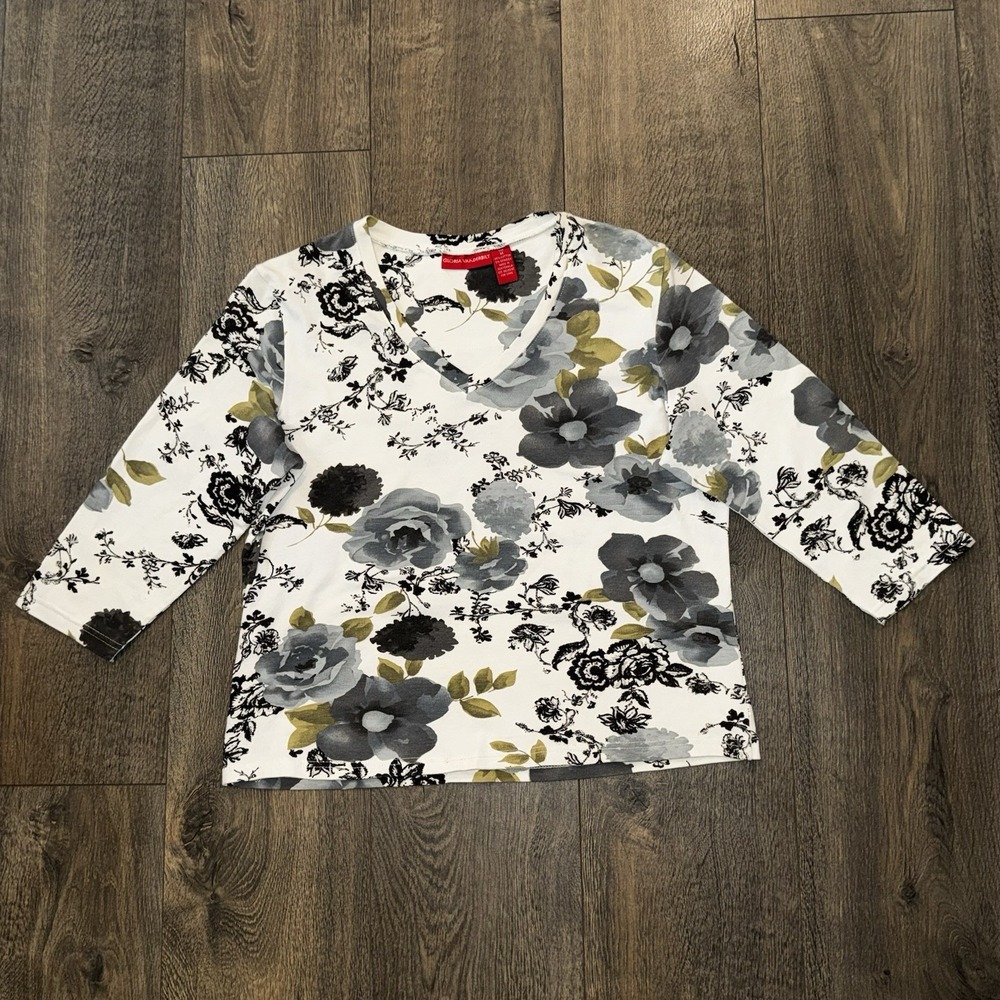 Gloria Vanderbilt Women's M Stretch Top Floral V Neck Short Sparkly Dainty‎ Top
